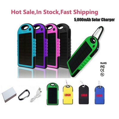 Solar Power Bank w/Carabiner & Flashlight 5000mAh